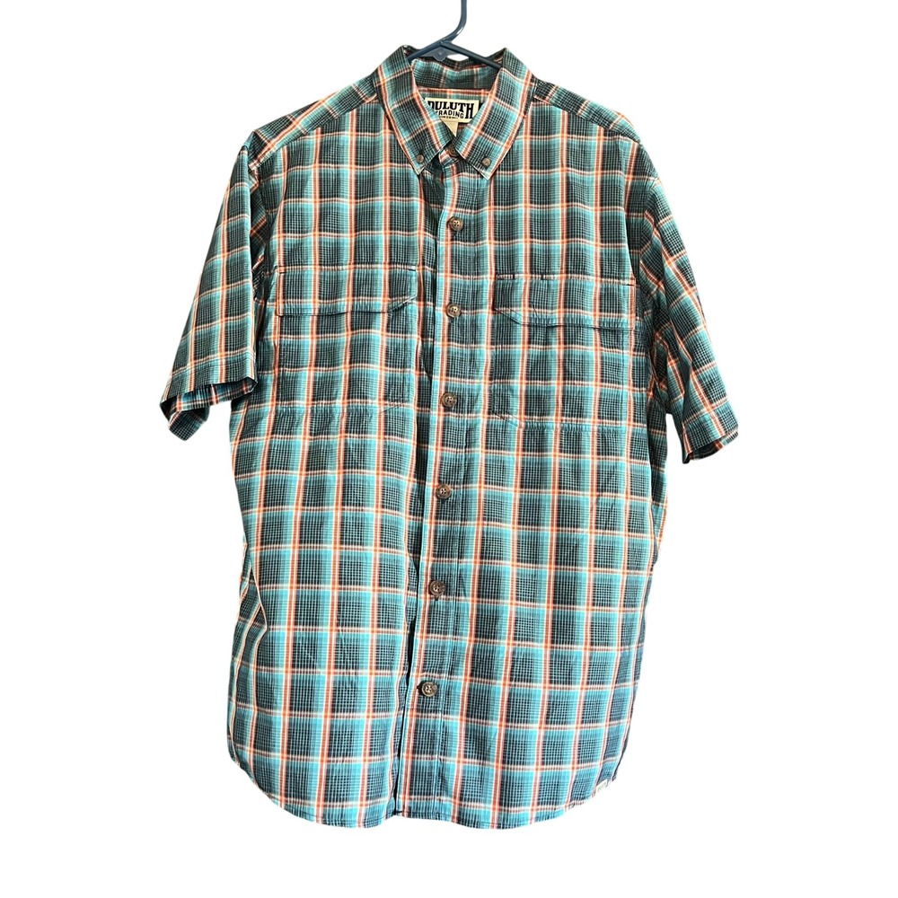 Duluth Trading Co Mens Relaxed Fit Untucked Plaid Short Sleeve Shirt Blue M
